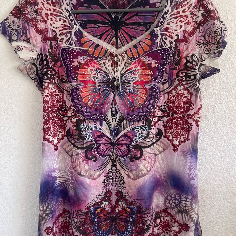y2k butterfly rhinestone v neck tshirt
